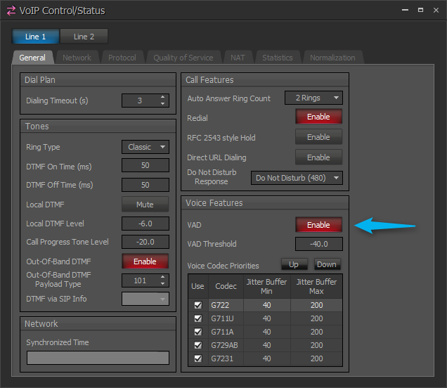 Настройка блока VoIP Control/Status