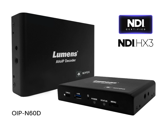 OIP-N60D — это декодер 4K NDI HX3 и RTSP, который выводит видео по HDMI с одновременным выводом UVC по USB. 